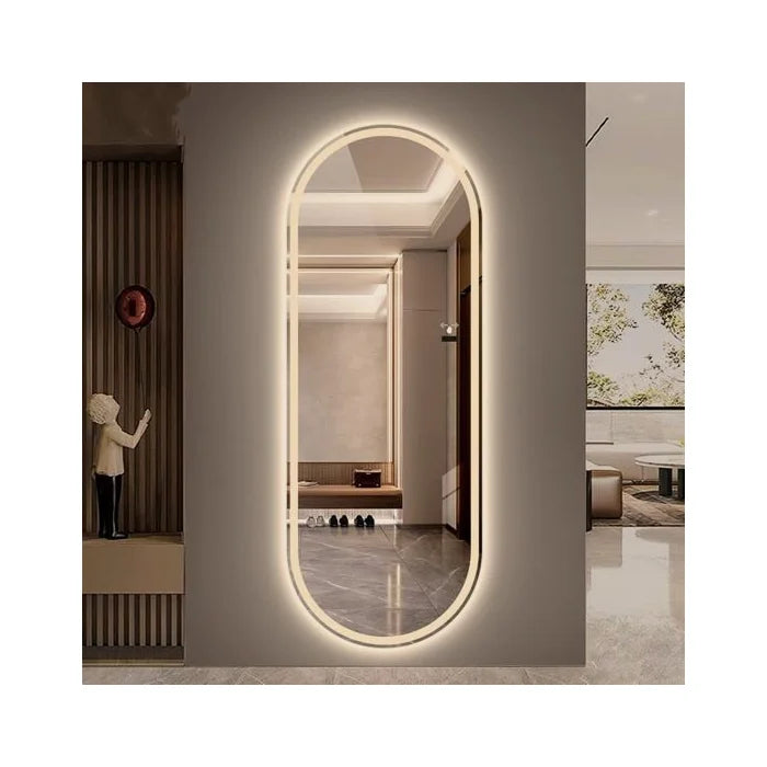 Espelho Ovalado Arenado Iluminado com LED Quente – 60x150 cm | Madeira e Vidro Ovalado
