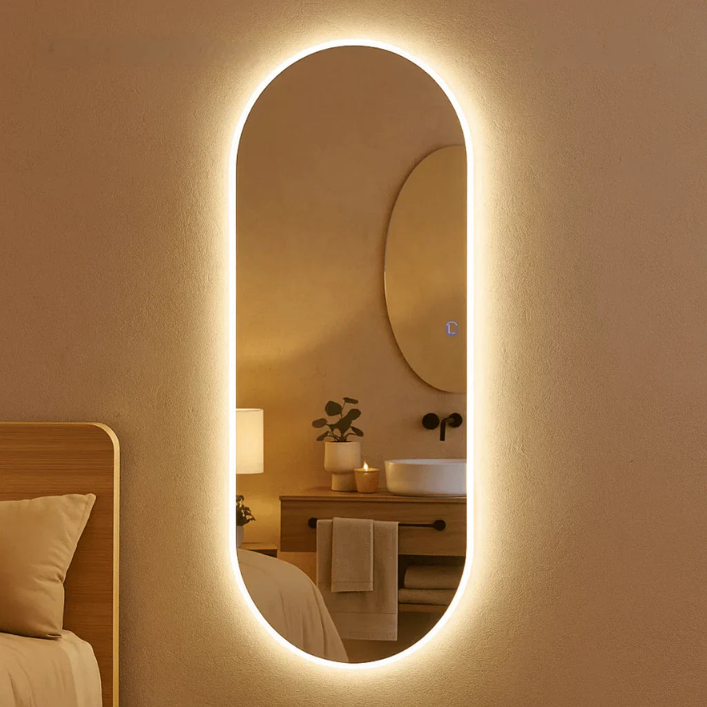 Espelho Orgânico de Base Reta de Corpo Inteiro com LED Touch Cálido/Frio 150x40 cm e 110x50 cm – Lapidado – Liquidação