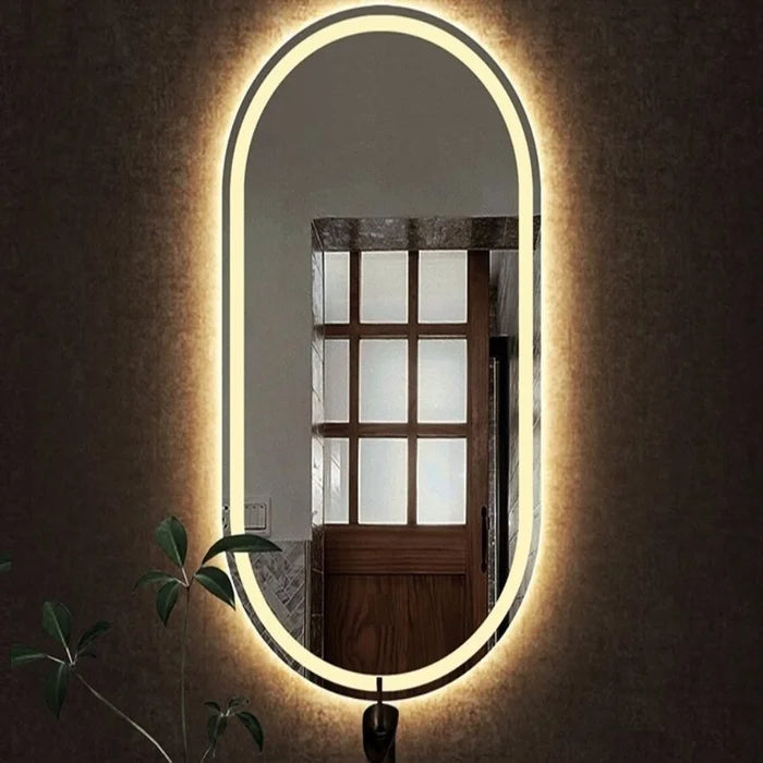 Espelho Ovalado Arenado Iluminado com LED Quente – 60x150 cm | Madeira e Vidro Ovalado